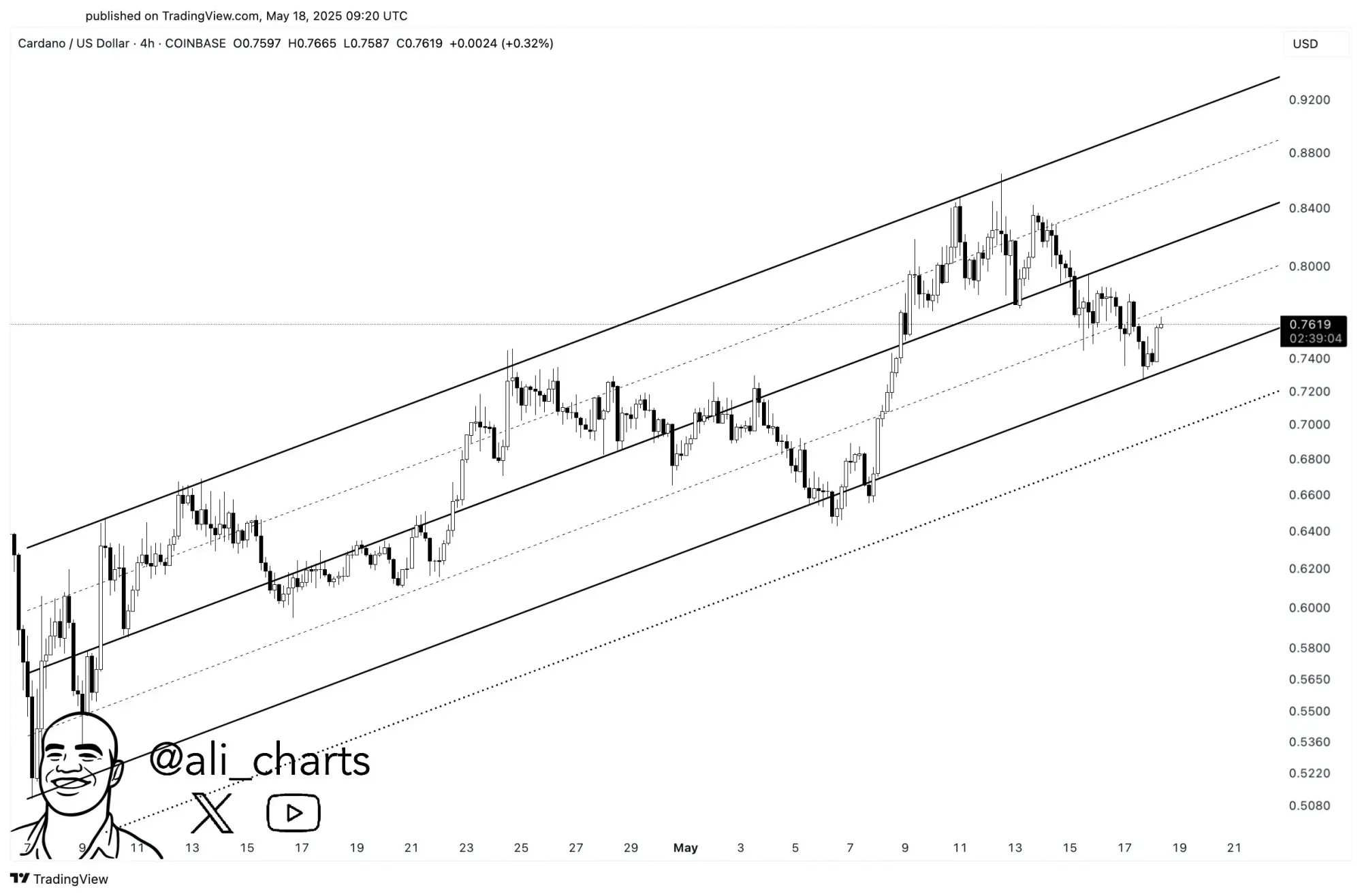 ADA/USD Chart im aufsteigenden Kanal, Quelle: X/@Ali_Charts