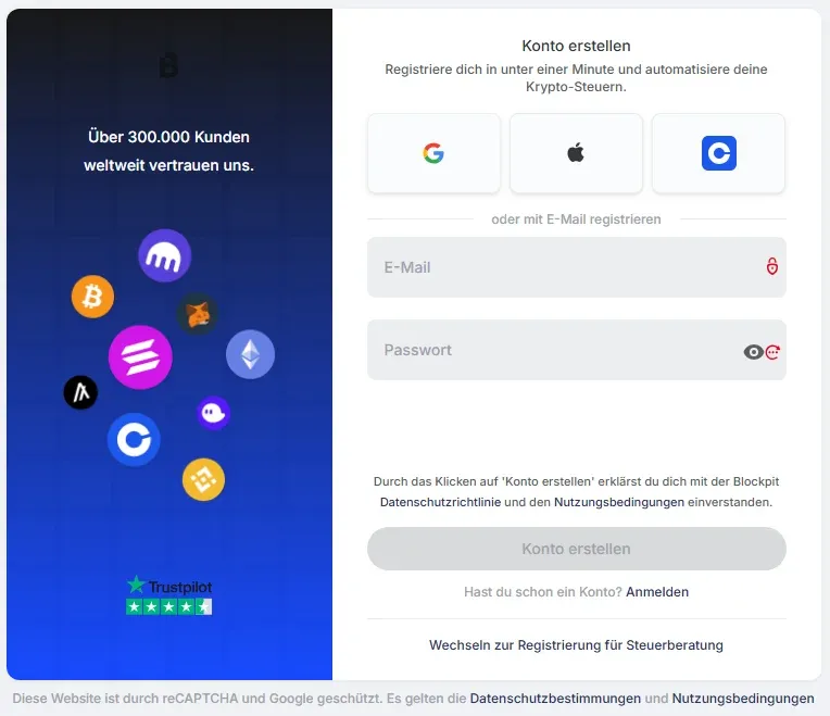 Kontoerstellung beim Krypto-Steuer-Tool Blockpit