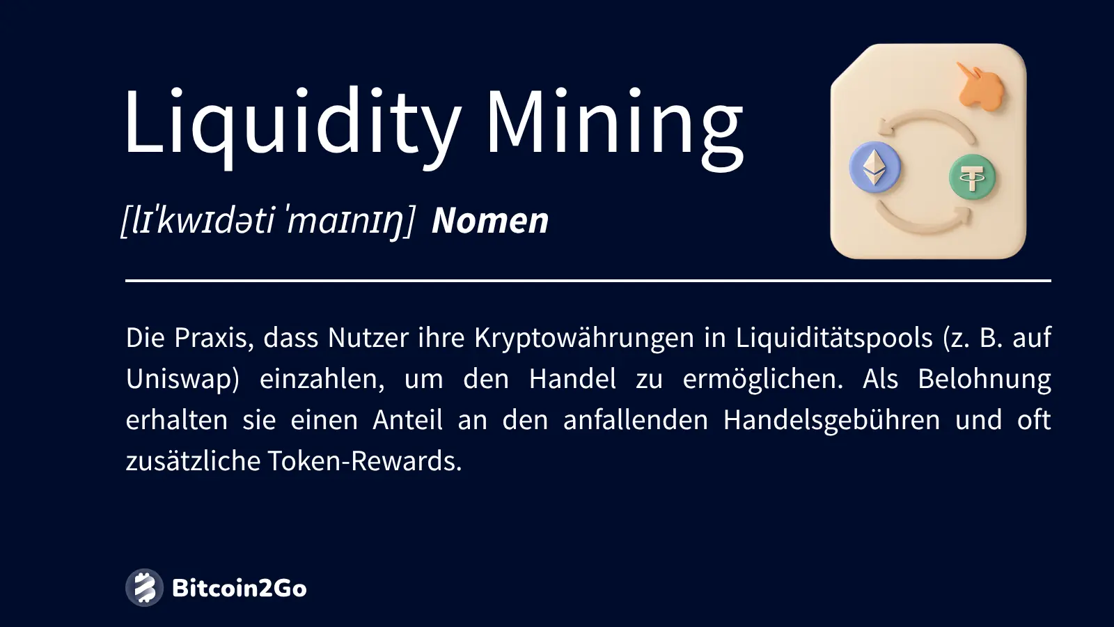 Definition von Liquidity Mining mit Erklärung auf dunklem Hintergrund.