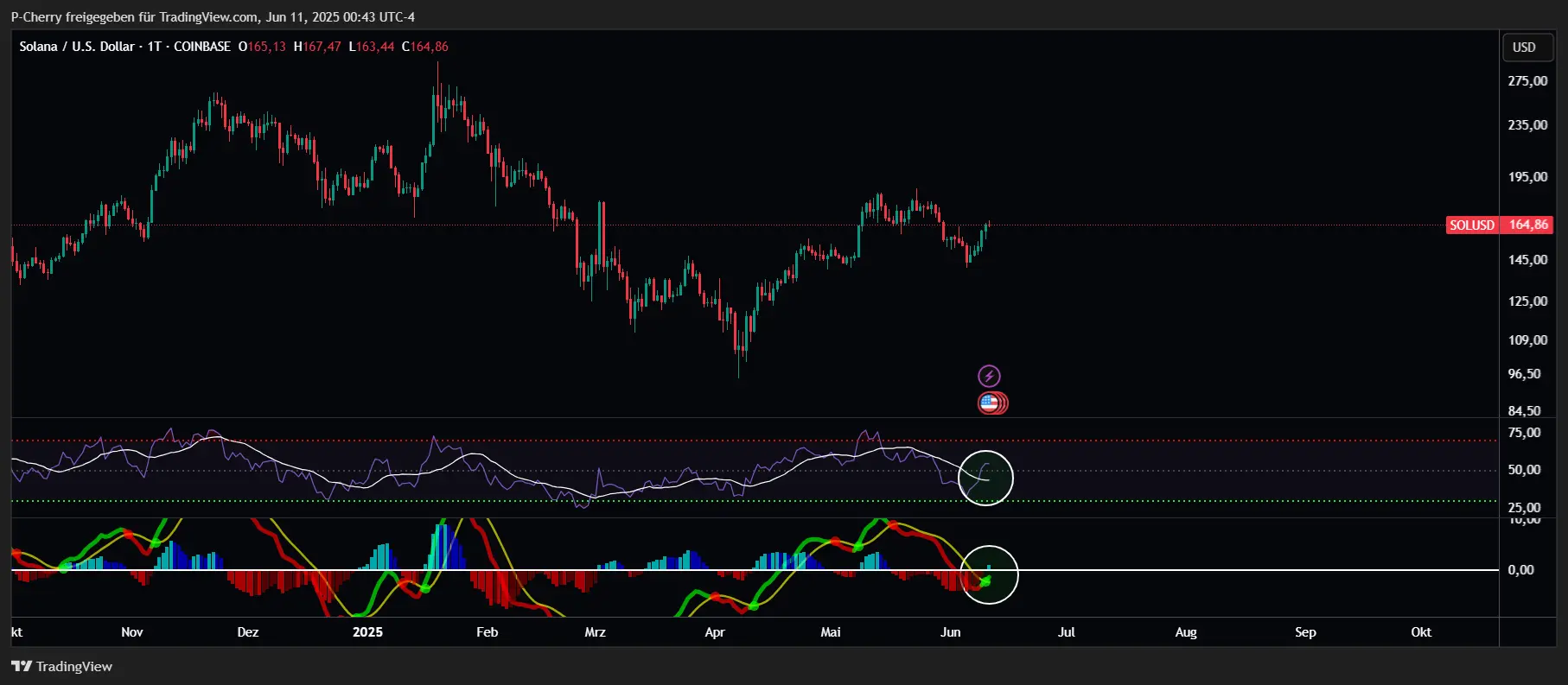 Solana, RSI und MACD, Tageschart, Quelle: Tradingview
