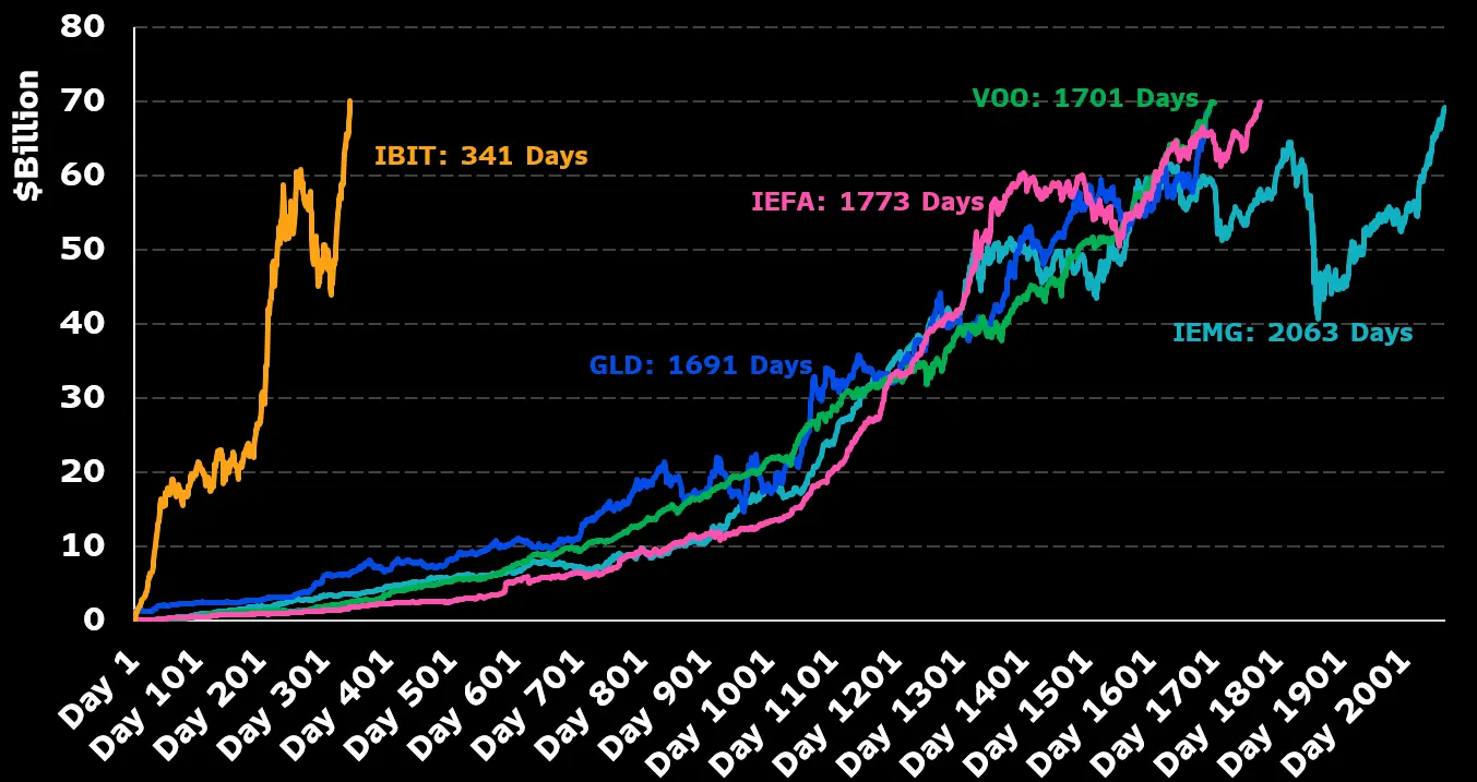 das AUM-Wachstum von IBIT im vergleich zu anderen ETFs