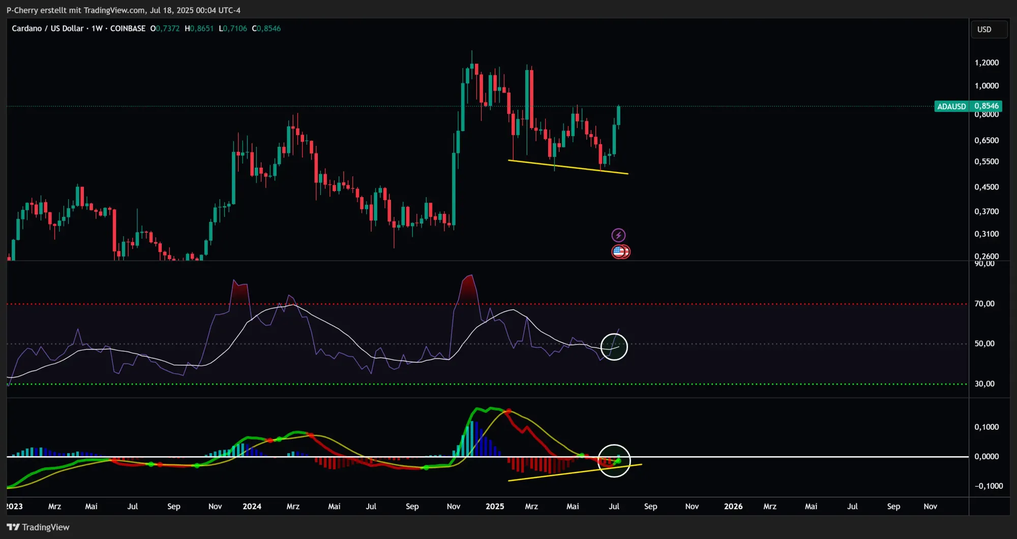 ADA: RSI & MACD, Wochenchart, Quelle: Tradingview