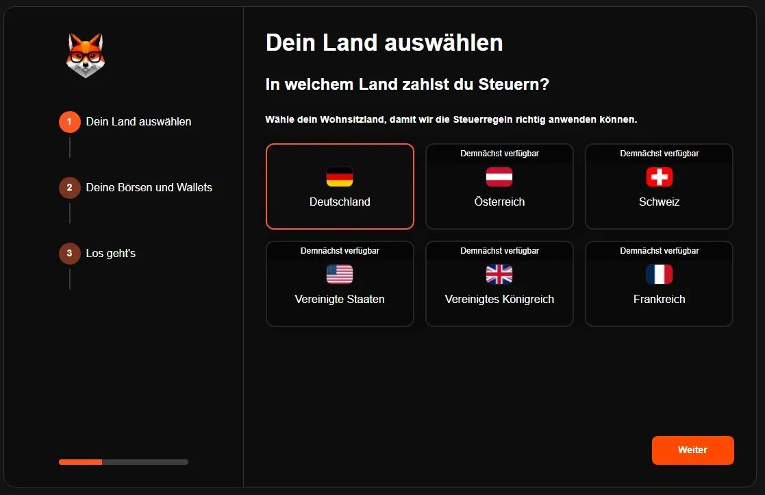 Anmeldung beim Krypto-Steuer-Tool Coinfox