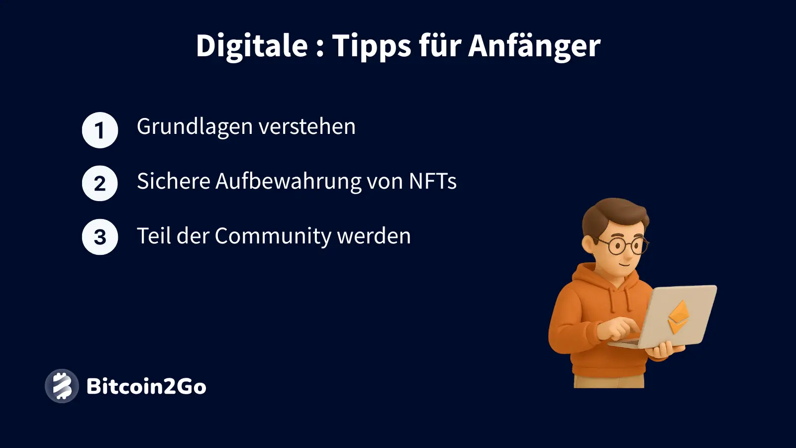 Einsteigerhinweise zu NFTs mit Figur am Laptop illustriert.