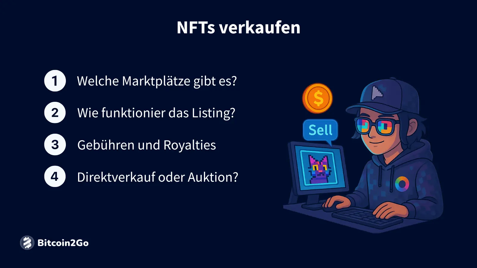 Vier Fragen zum NFT-Verkauf, Figur am PC mit „Sell“-Button und Münze.
