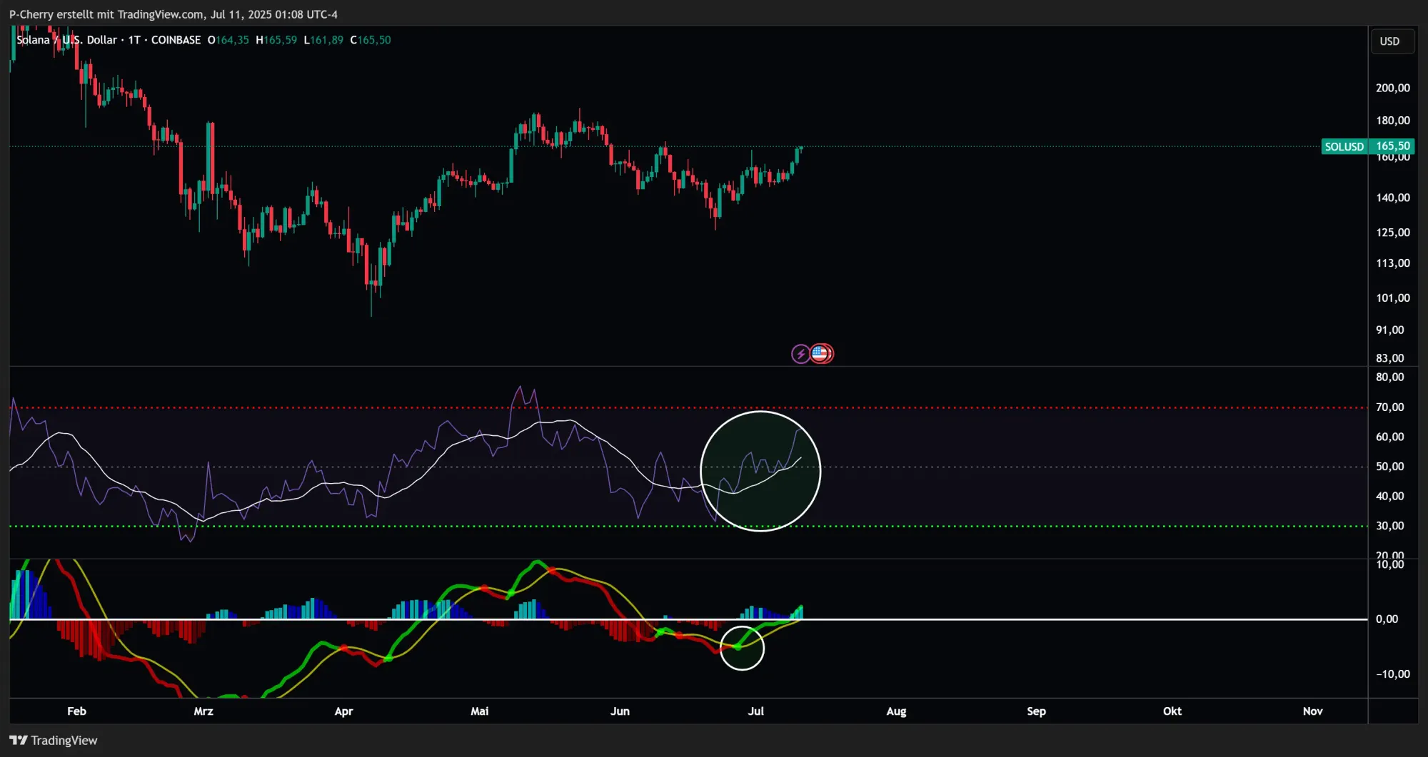 Solana, RSI und MACD, Tageschart, Quelle: Tradingview