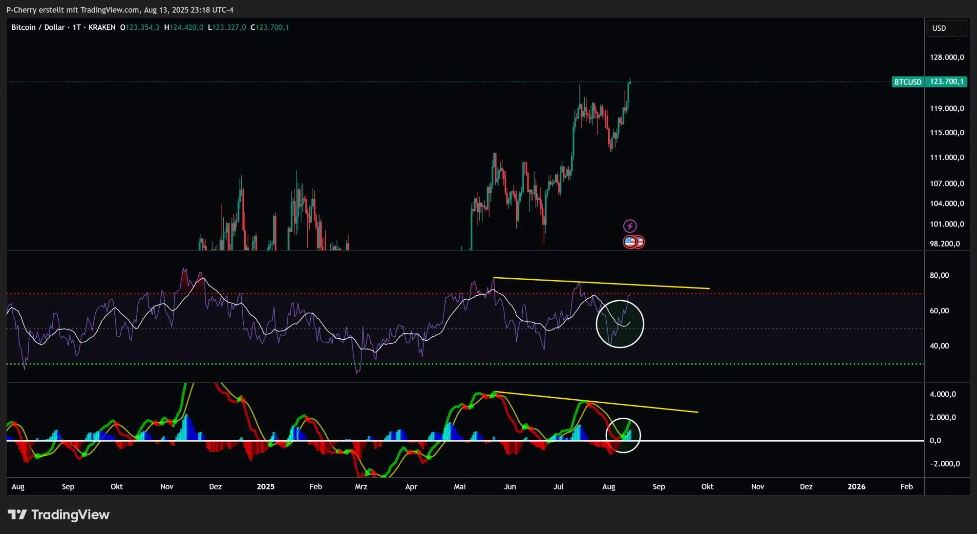 Bitcoin, RSI und MACD, Tageschart, Quelle: Tradingview
