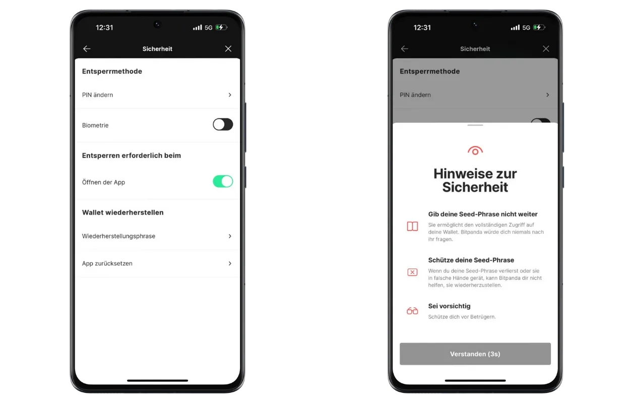 Sicherheit bei Bitpanda DeFi Wallet im Test