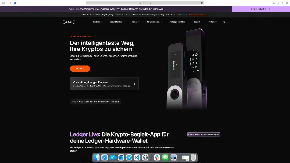 Startseite des Hardware-Wallet-Herstellers Ledger