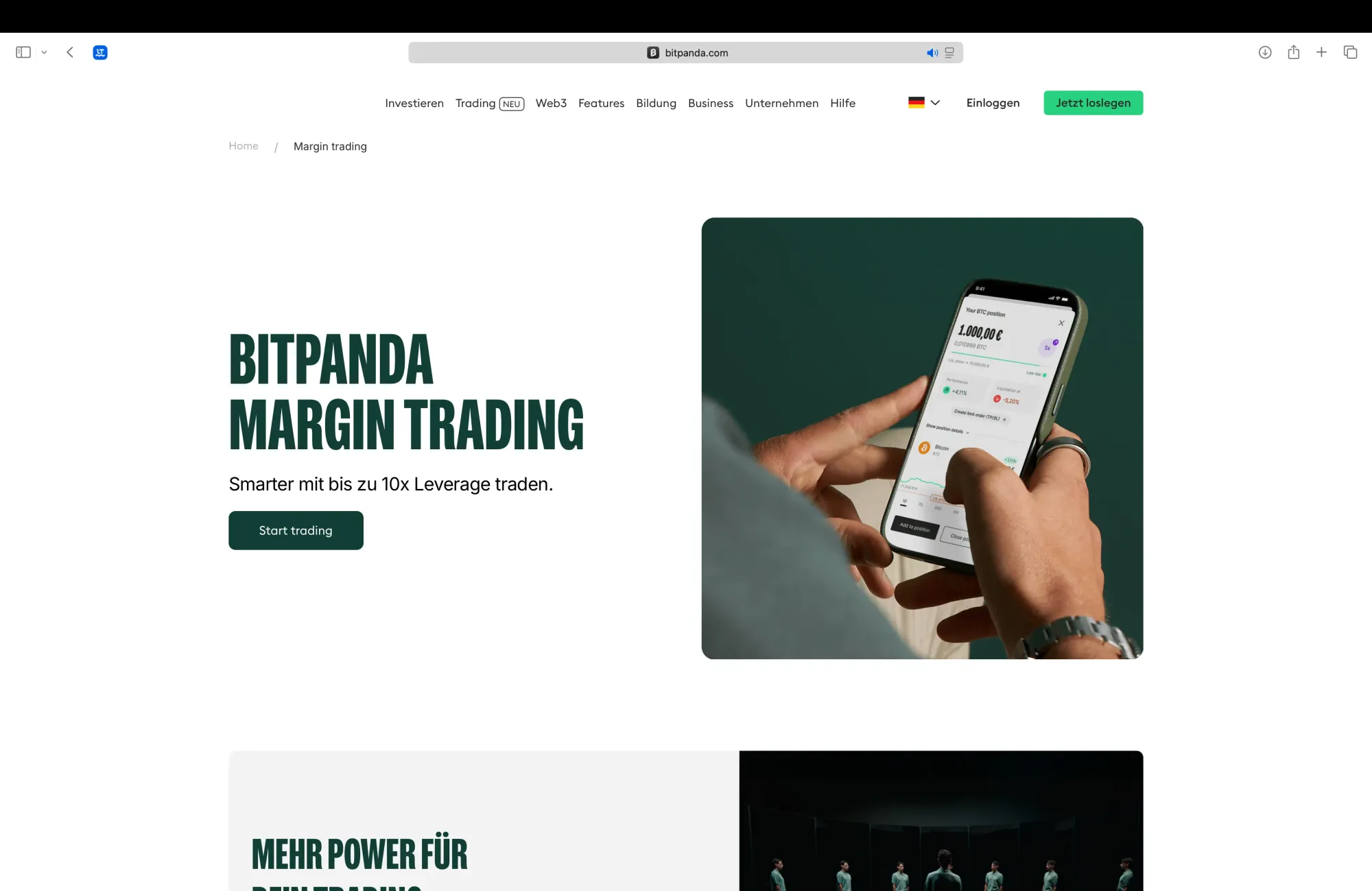 Startseite der Krypto-Börse Bitpanda für den Handel mit Hebel unter dem Produktnamen »Bitpanda Margin Trading«