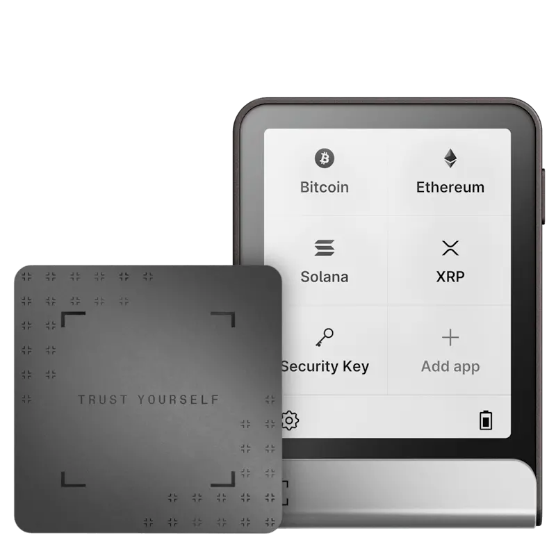 Ledger Flex Hardware-Wallet mit Display für Bitcoin, Ethereum, Solana und XRP sowie Abdeckung mit der Aufschrift “Trust Yourself”.