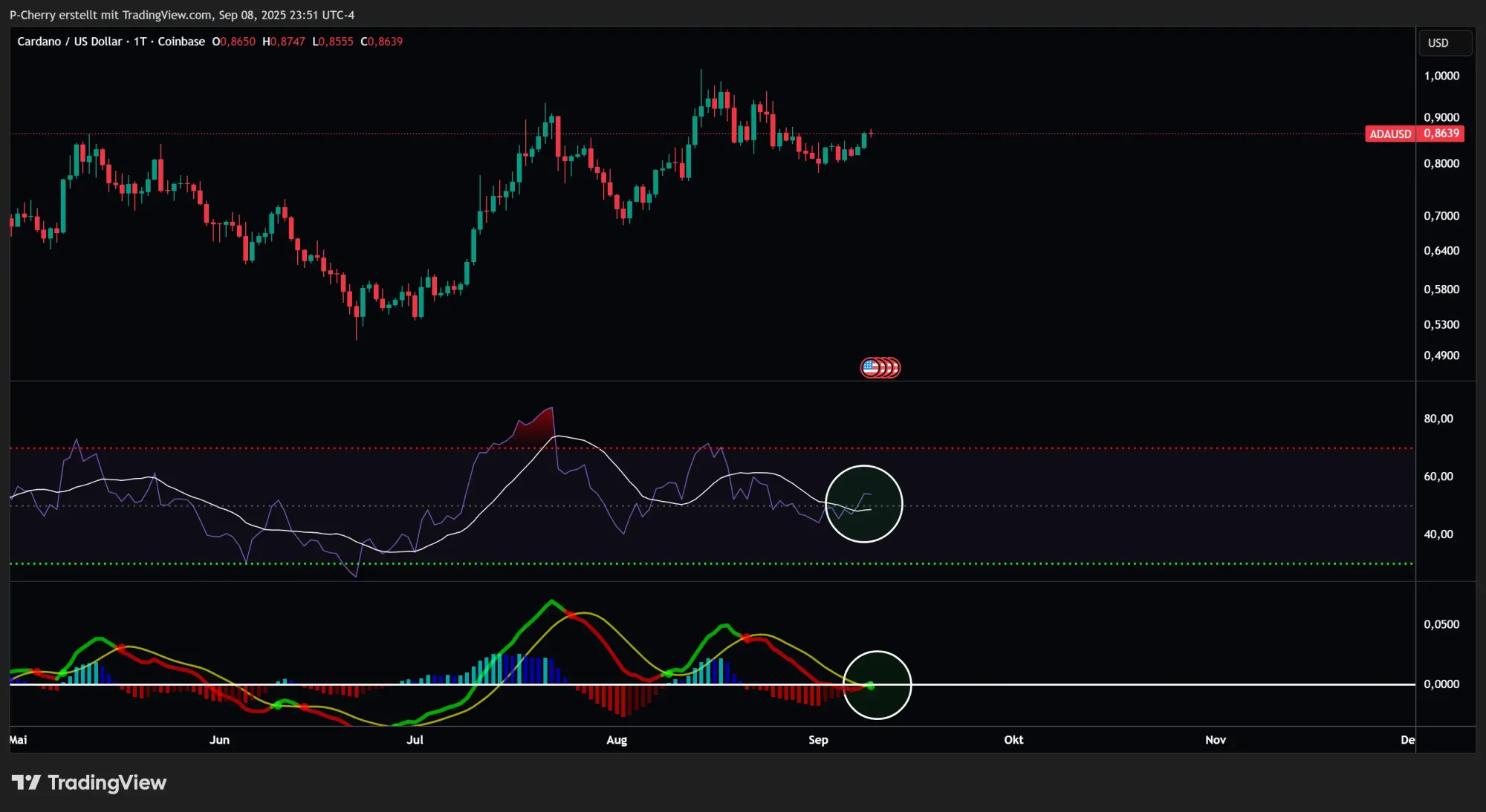 ADA: RSI & MACD, Tageschart, Quelle: Tradingview
