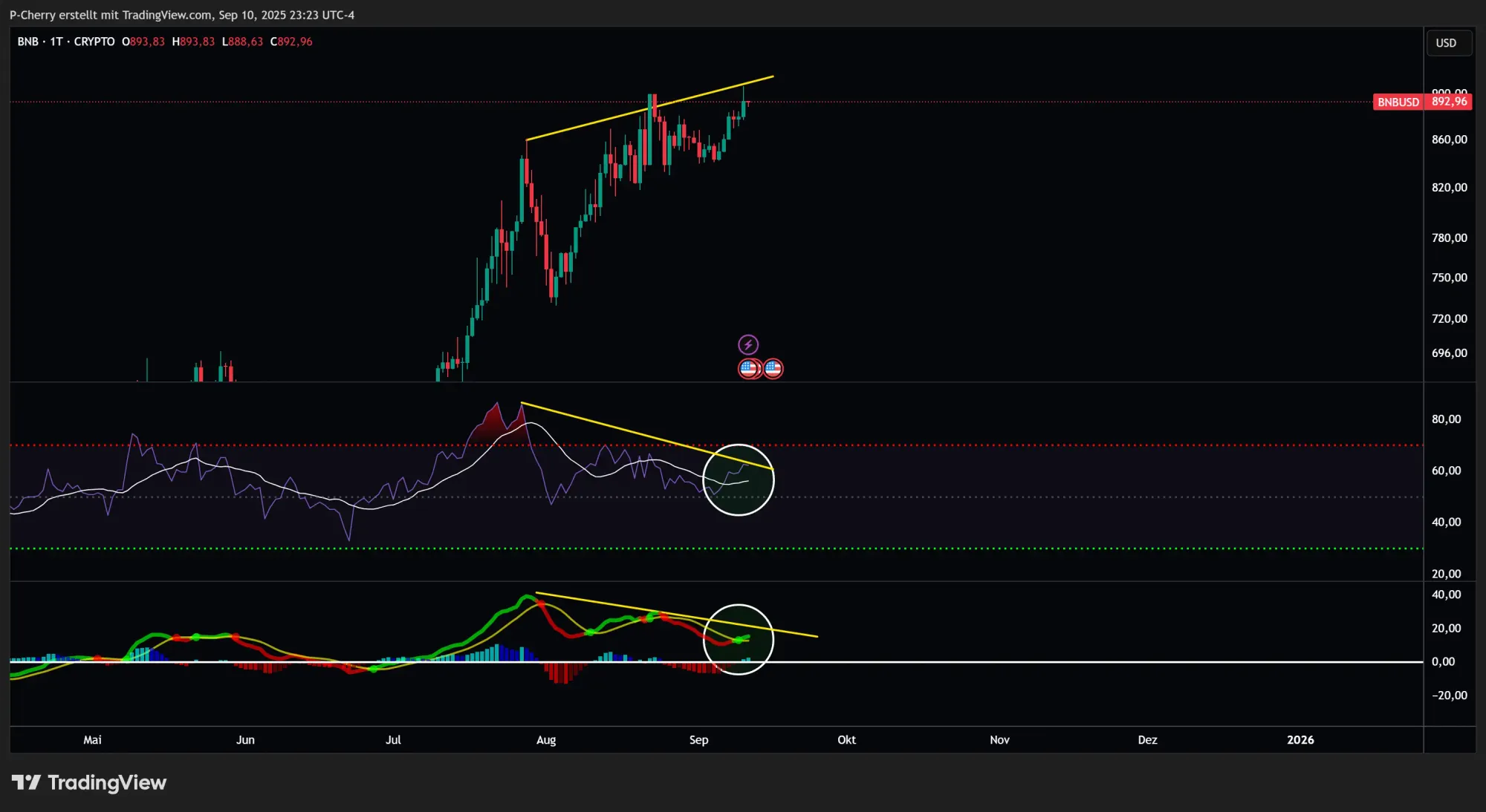 BNB, RSI und MACD, Tageschart, Quelle: Tradingview