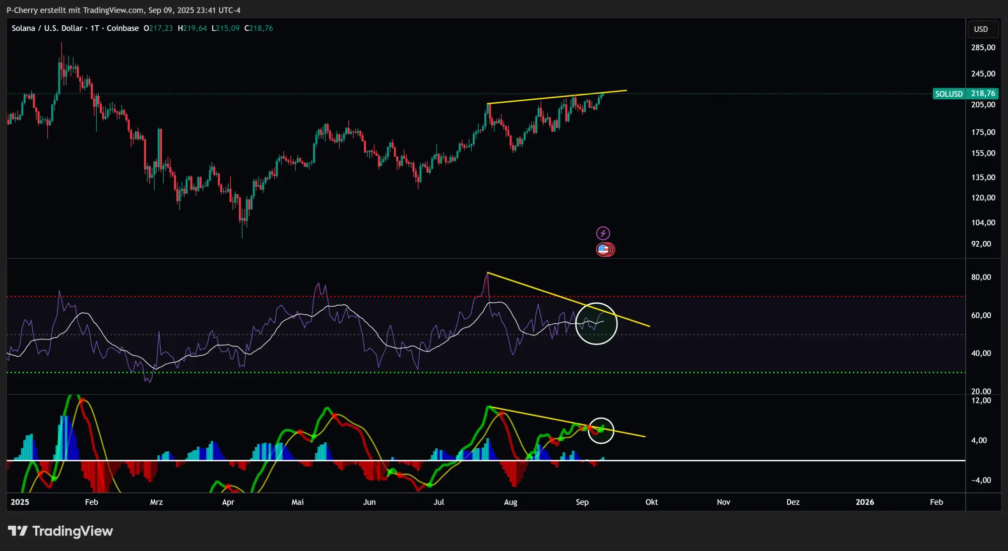 Solana, RSI und MACD, Tageschart, Quelle: Tradingview