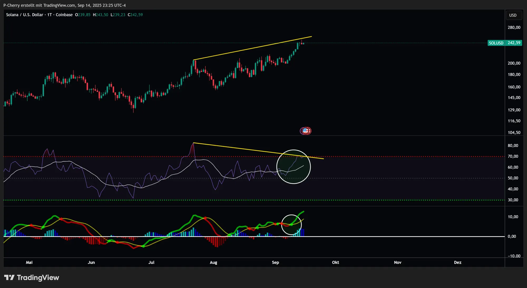 Solana, RSI und MACD, Tageschart, Quelle: Tradingview