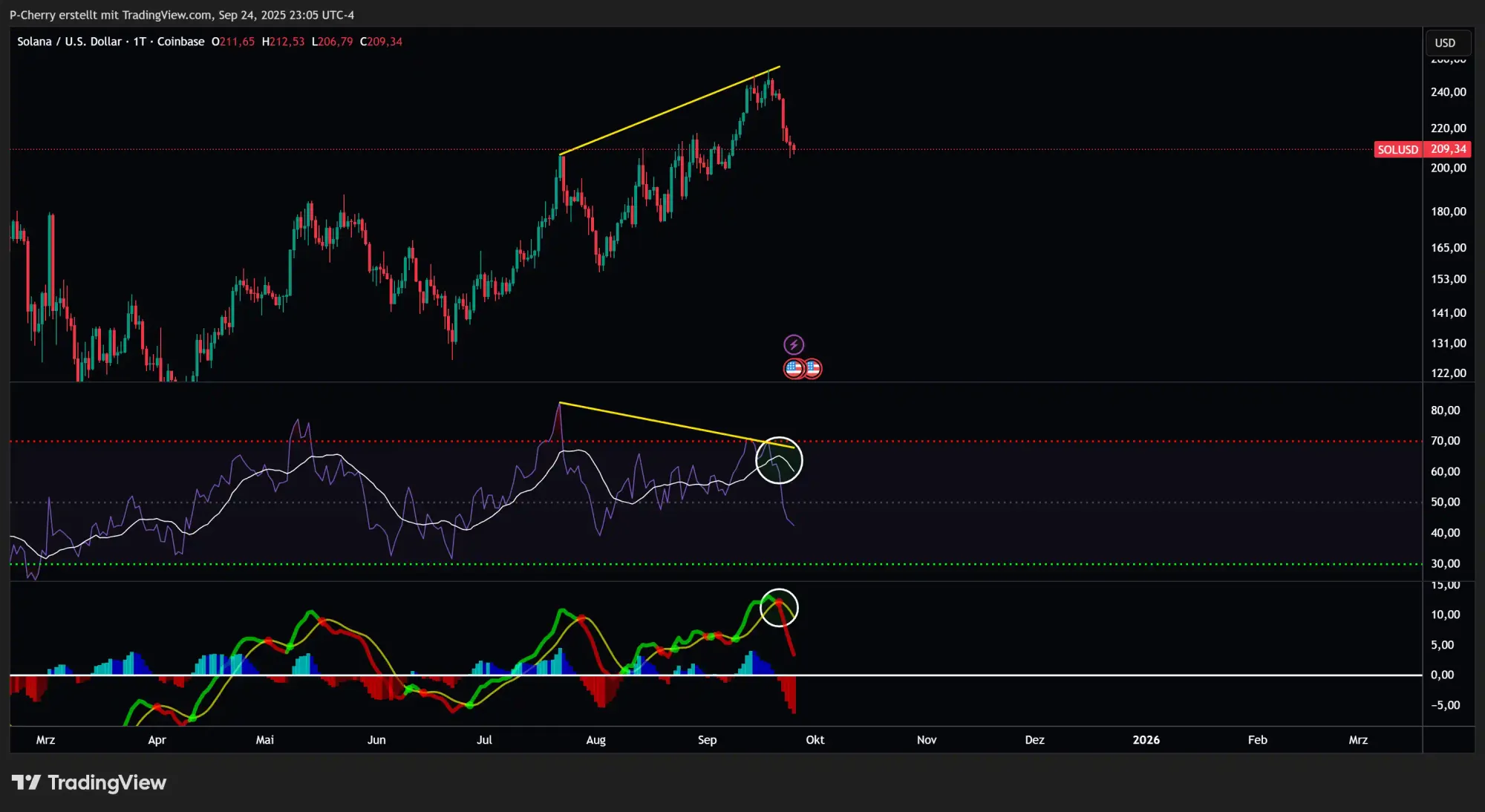 Solana, RSI und MACD, Tageschart, Quelle: Tradingview