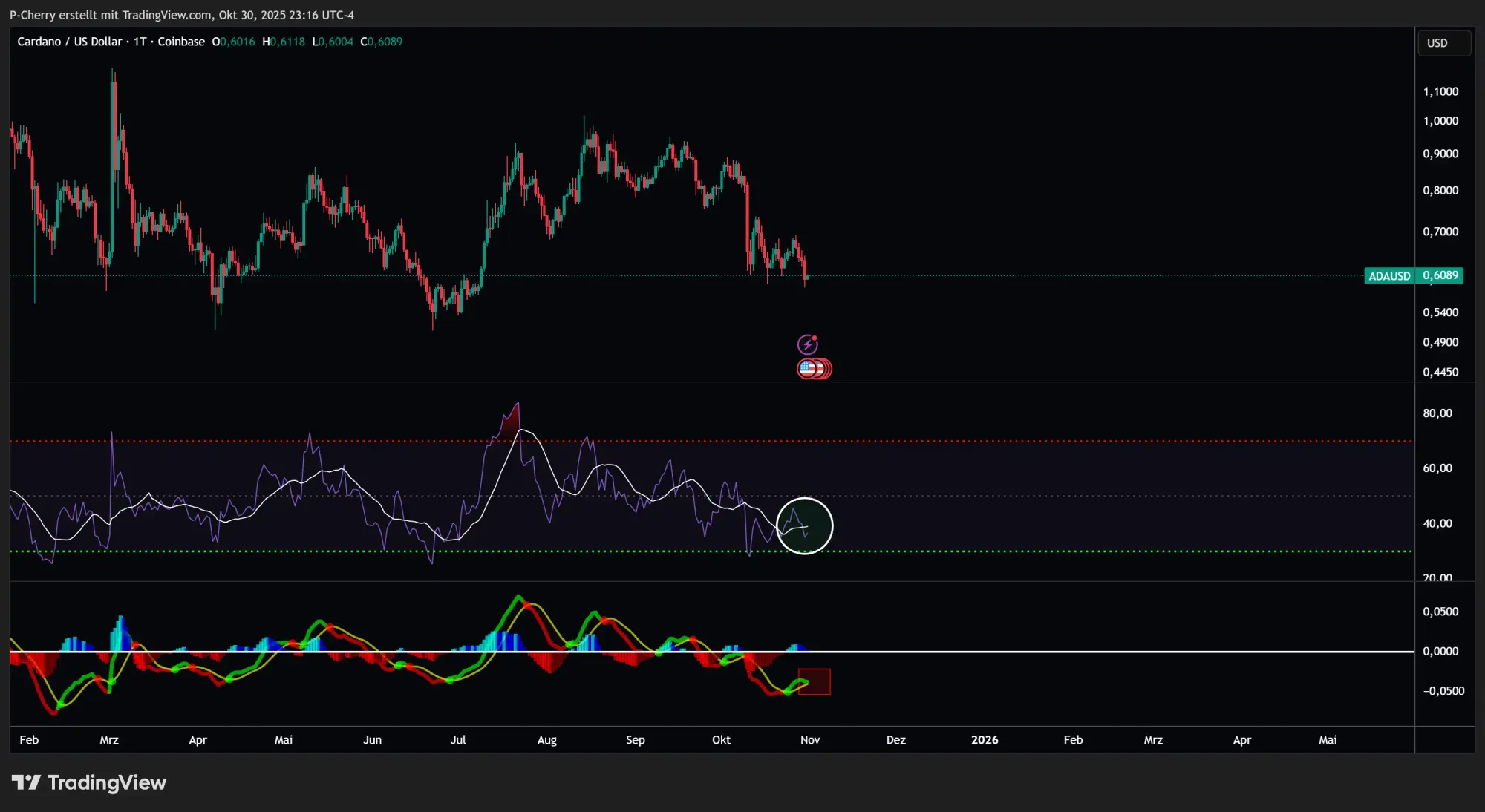 ADA: RSI & MACD, Tageschart, Quelle: Tradingview