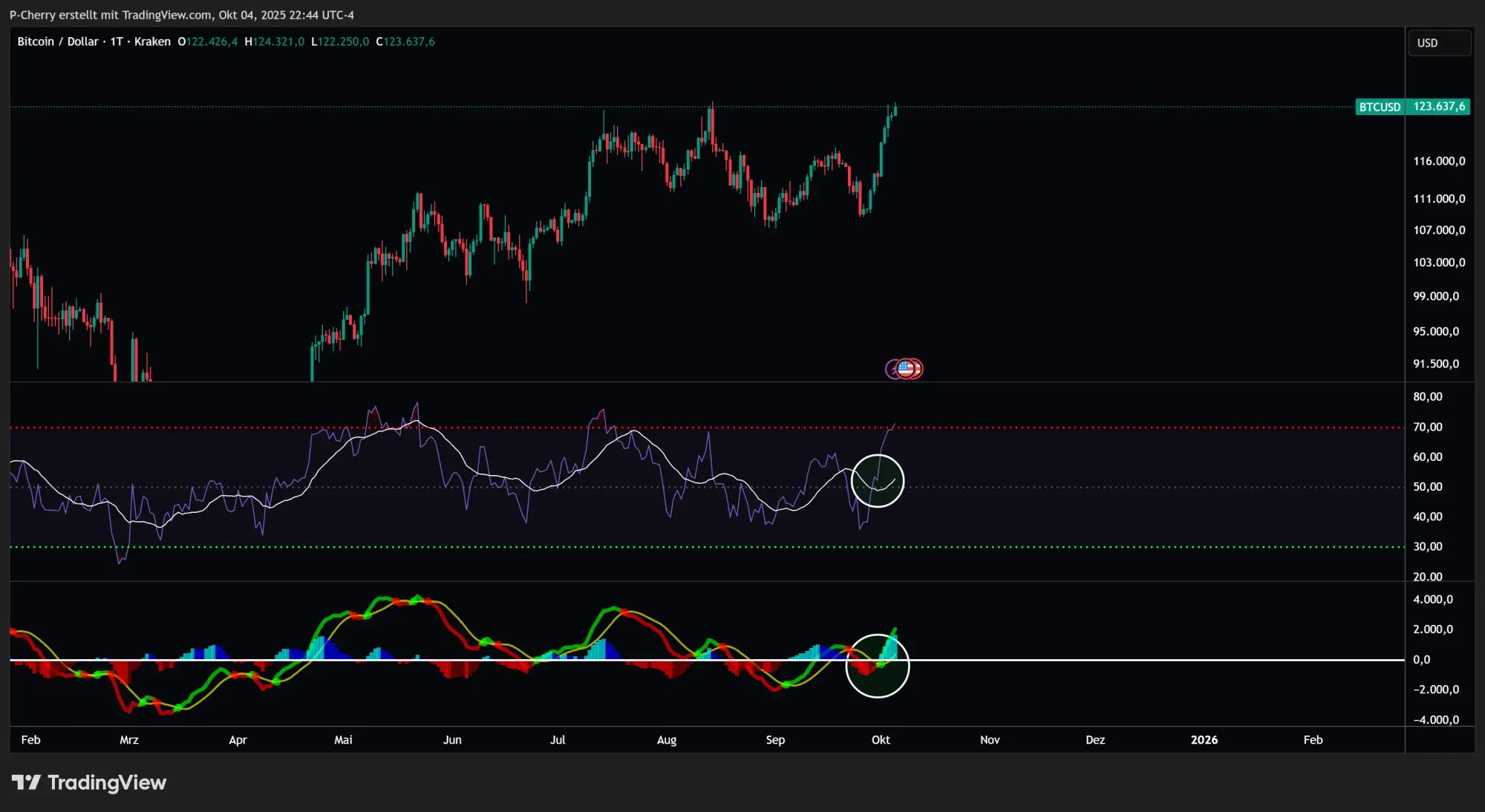 Bitcoin, RSI und MACD, Tageschart, Quelle: Tradingview
