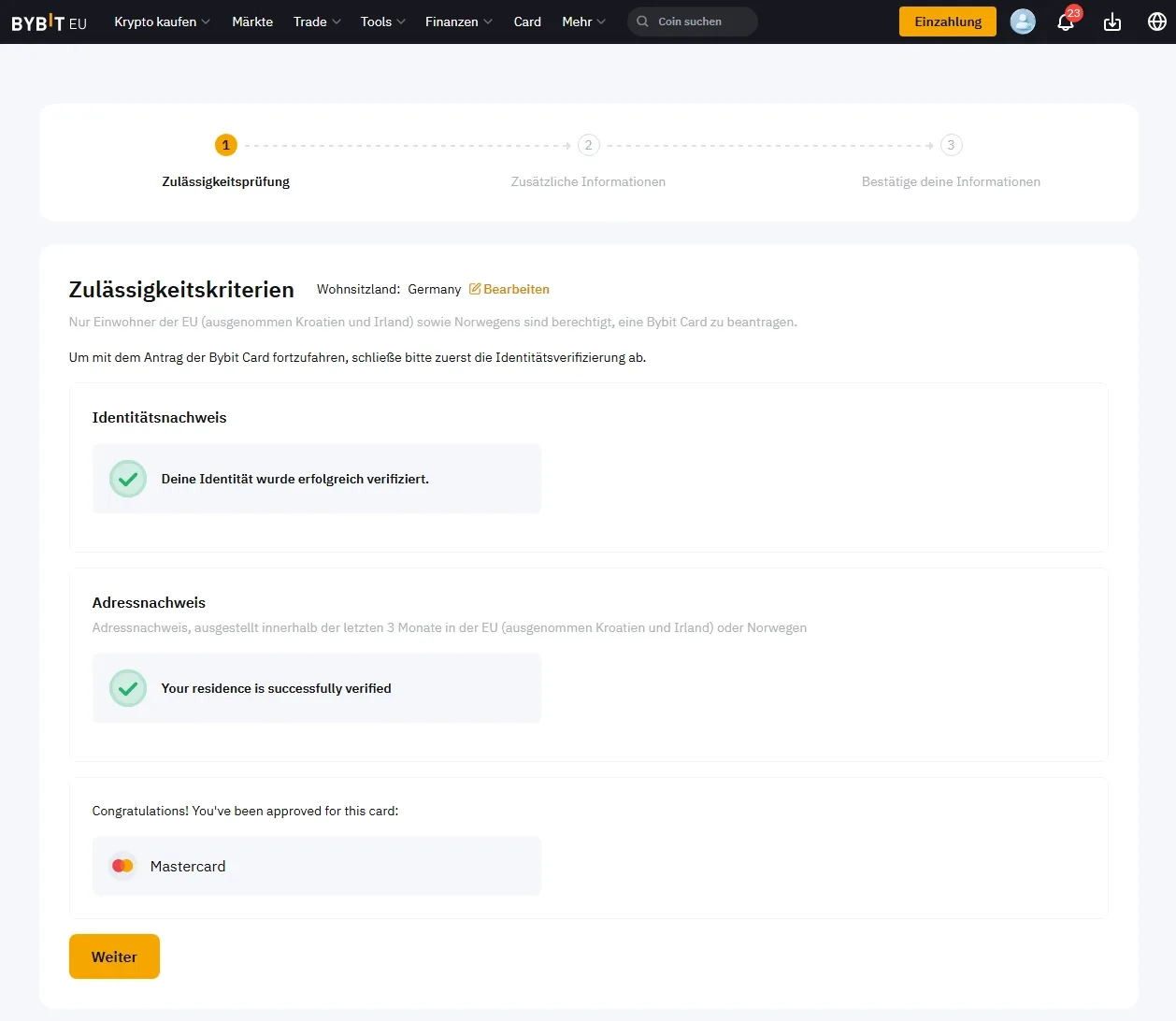 Adressnachweis erbringen für Bybit Kreditkarte