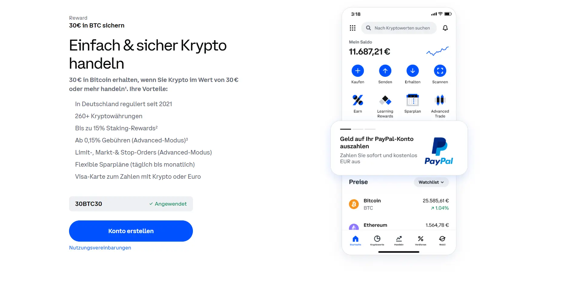 Landingpage der Coinbase Aktion zum 15 Euro Bonus in BTC