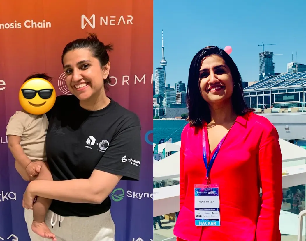 Jasvin Bhasin lächelt auf zwei Fotos: Links hält sie ein Kind mit einem Emoji über dem Gesicht vor einer Sponsorenwand mit Krypto-Logos, rechts steht sie in rotem Hemd mit Namensschild auf einer Terrasse mit Blick auf die Skyline von Toronto.