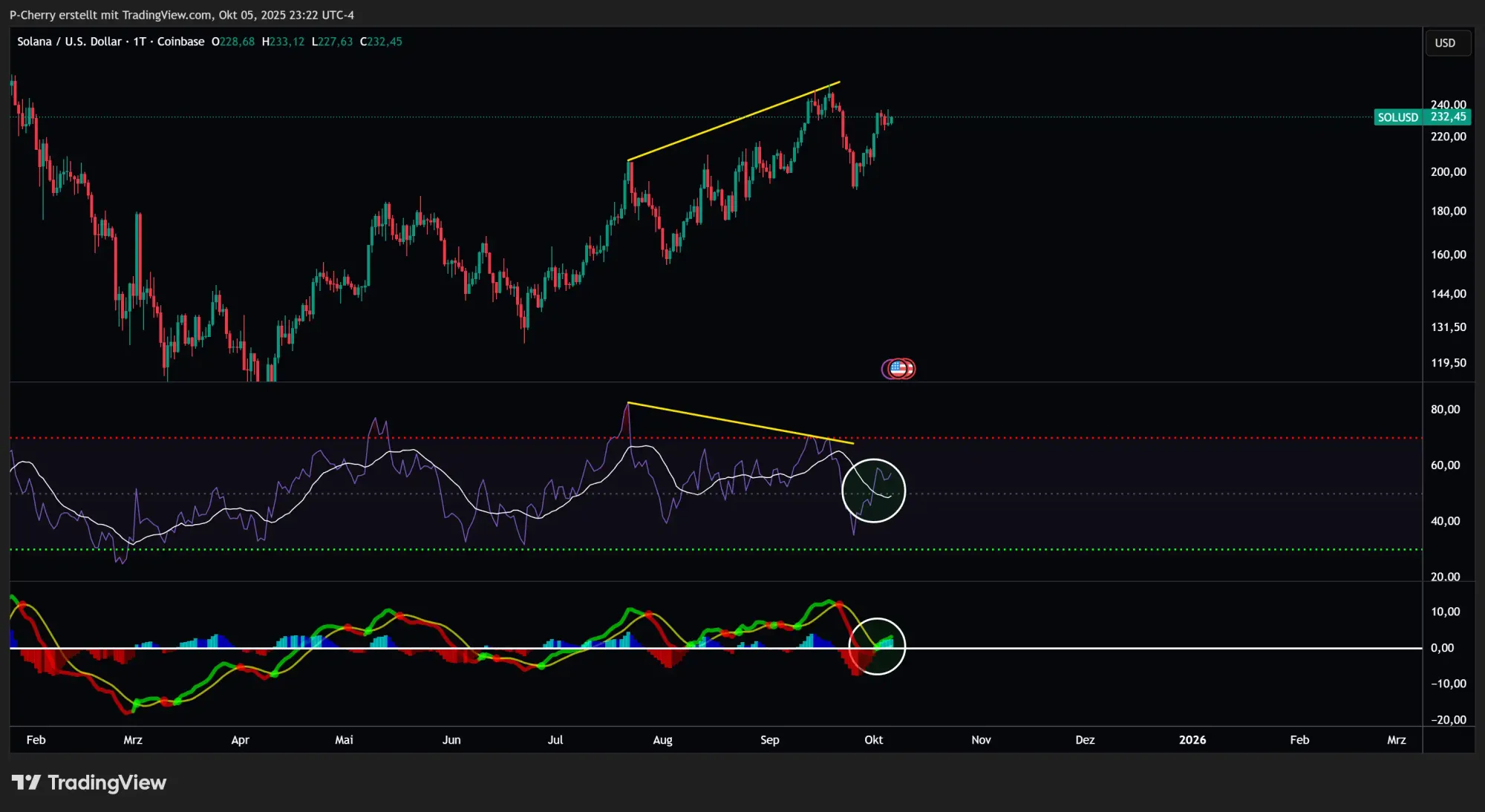 Solana, RSI und MACD, Tageschart, Quelle: Tradingview