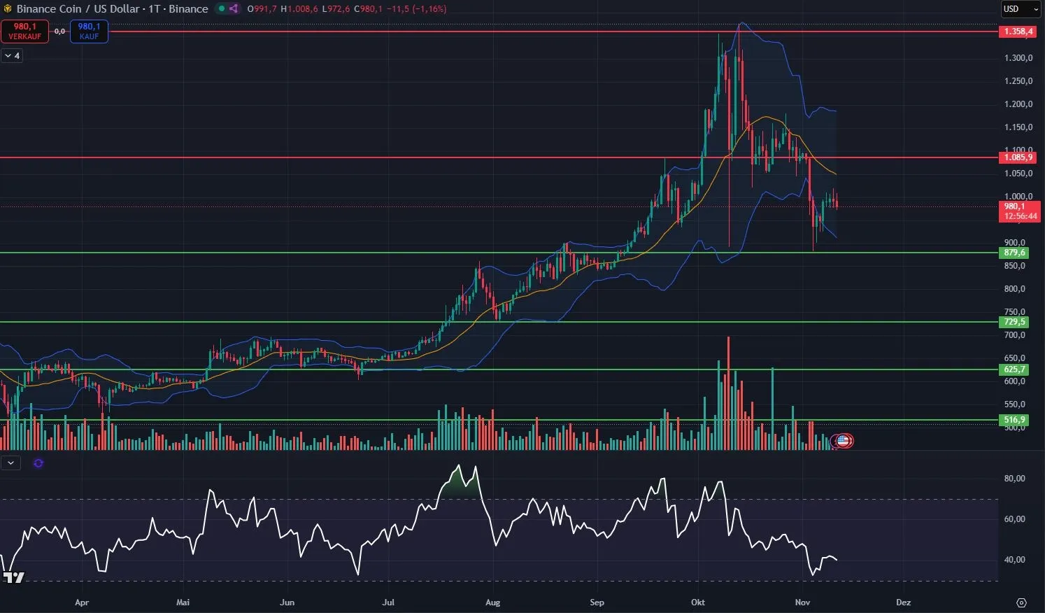 BNB-Kurs Chart in Tagesdarstellung (Stand: 11.11.2025)
