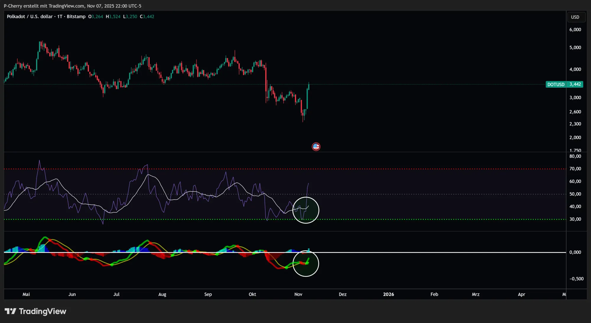 DOT-Kurs, RSI und MACD, Tageschart, Quelle: Tradingview