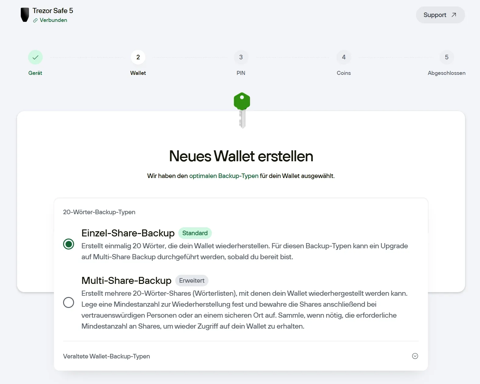 Bei der Wallet-Erstellung wählst du zwischen einem Einzel-Share oder Multi-Share-Backup.