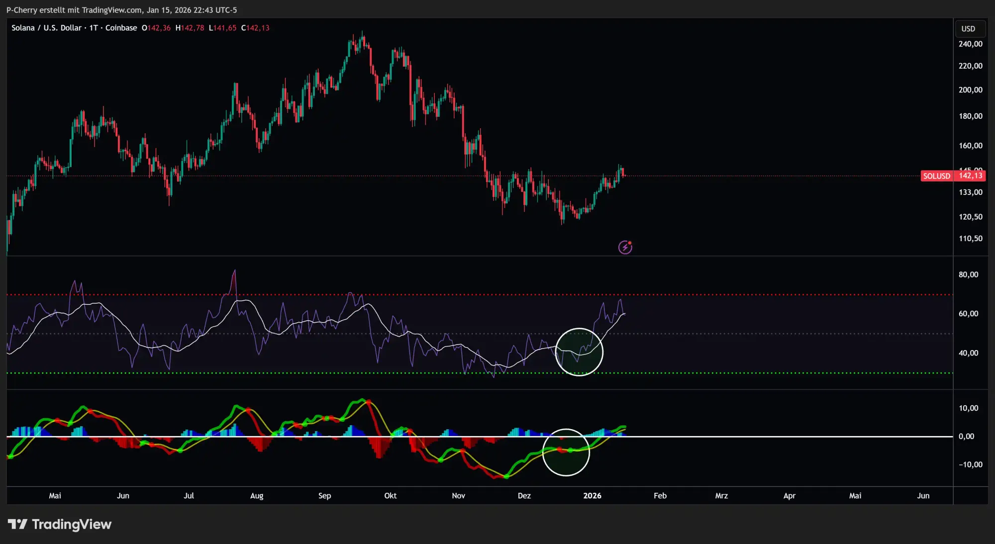 Solana, RSI und MACD, Tageschart, Quelle: Tradingview