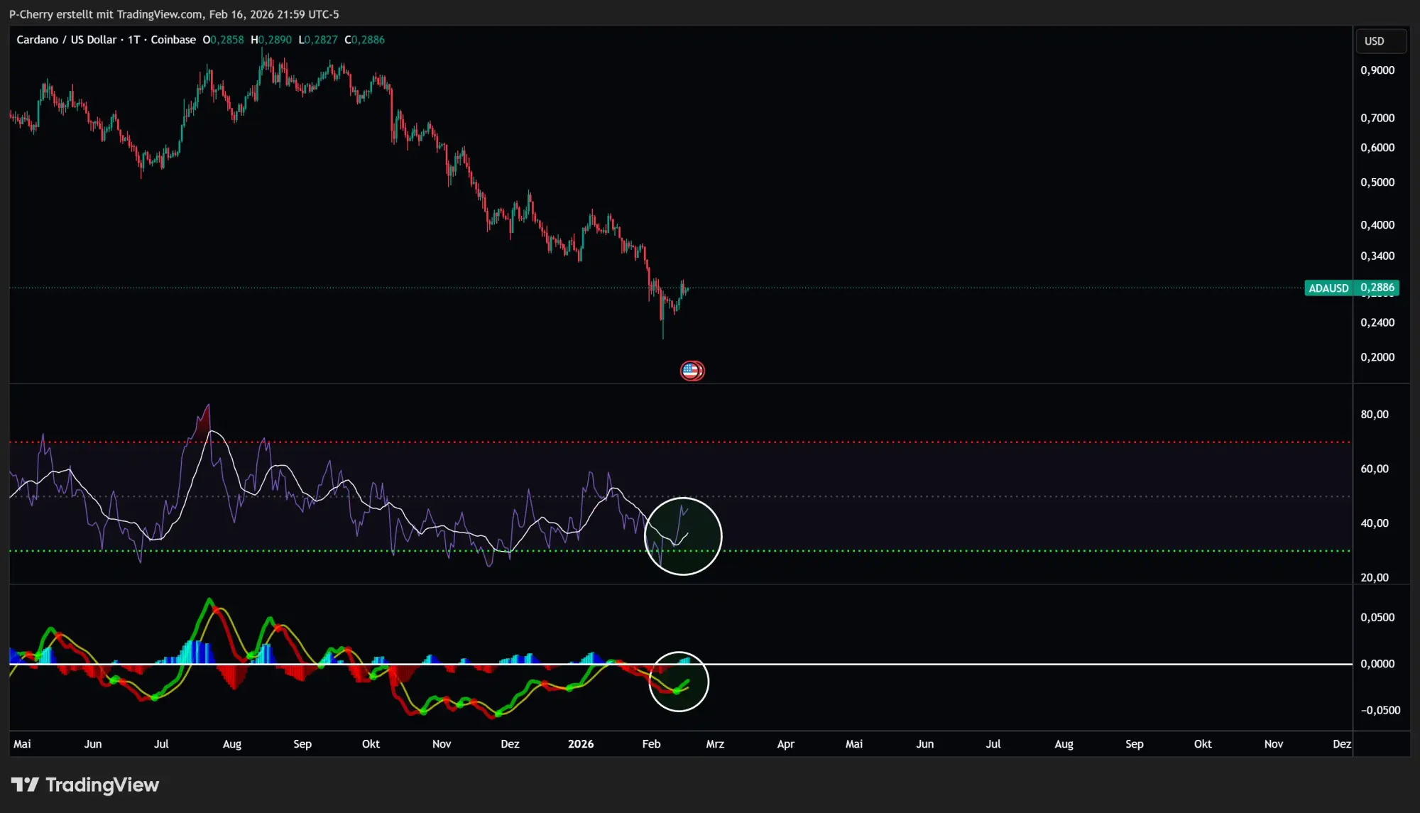 ADA: RSI & MACD, Tageschart, Quelle: Tradingview