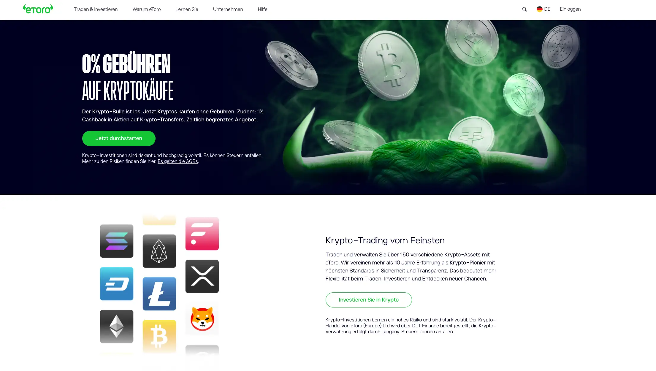 Startseite des CFD-Brokers eToro