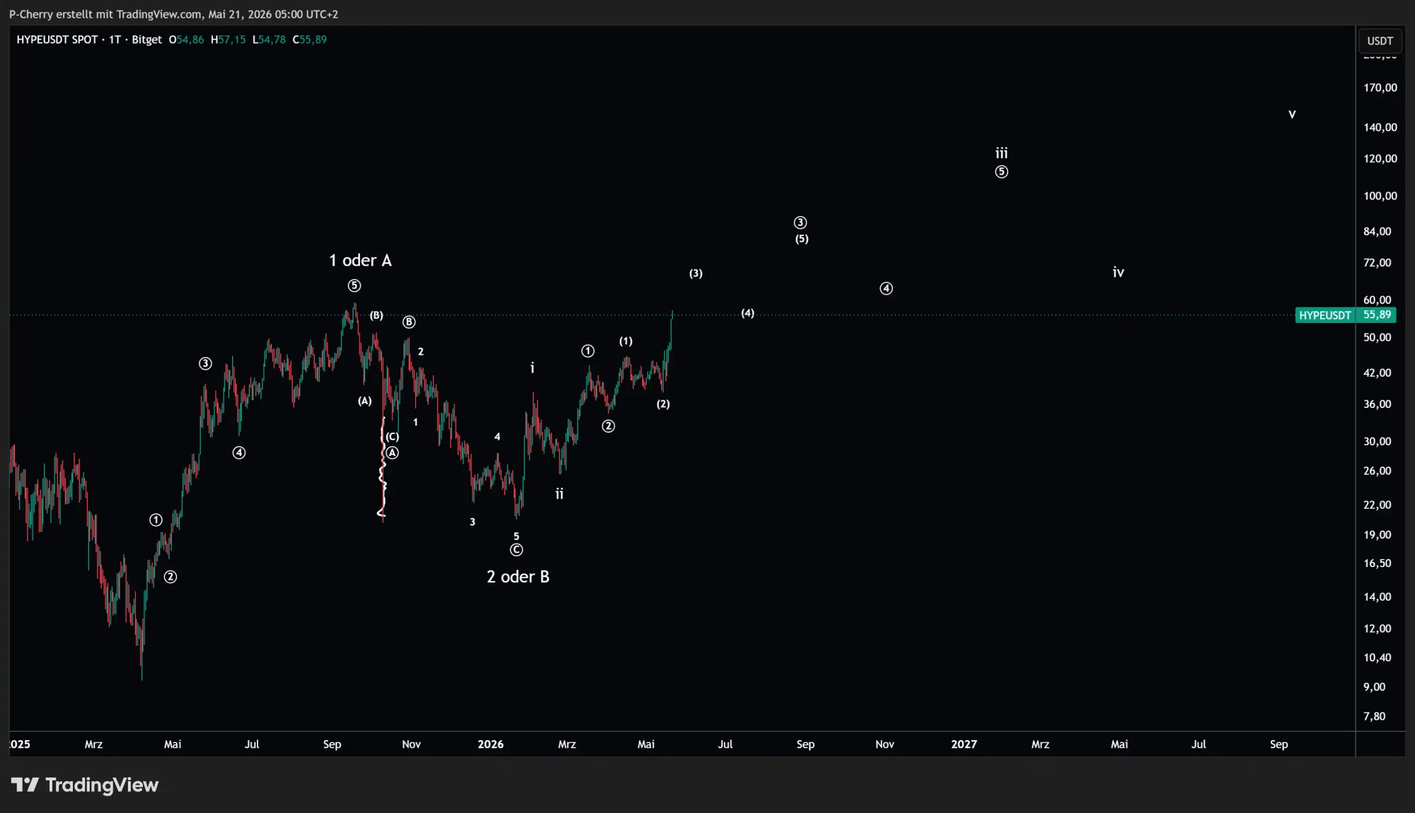 HYPE, Elliott Wellen, Tageschart, Quelle: Tradingview