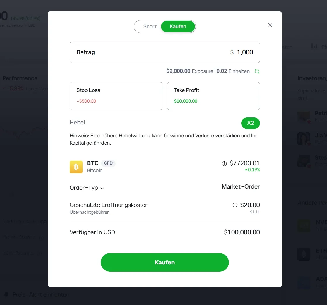 Krypto-CFD-Handel bei eToro: Anleitung & Screenshot
