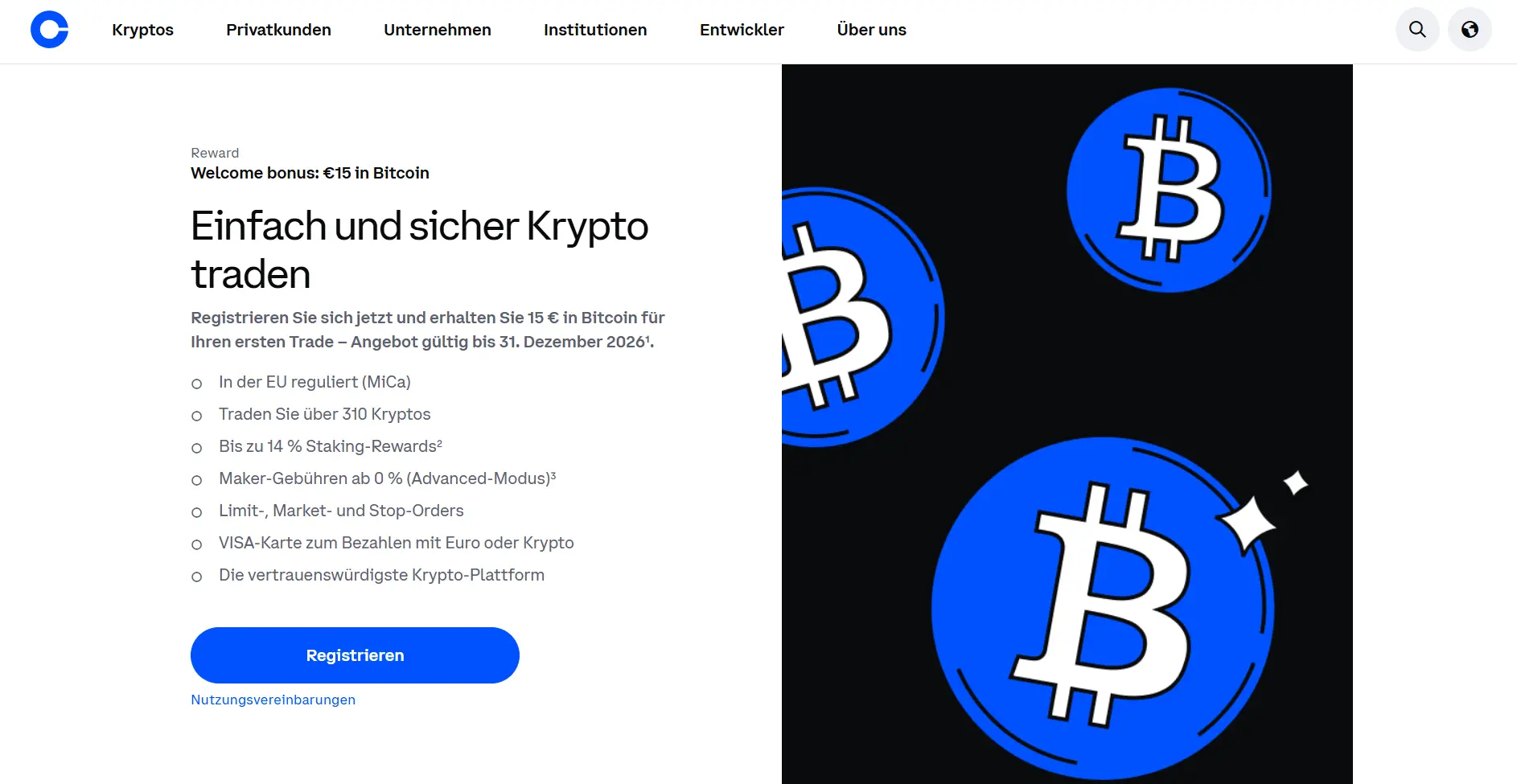 Landingpage der Coinbase Aktion zum 15 Euro Bonus in BTC