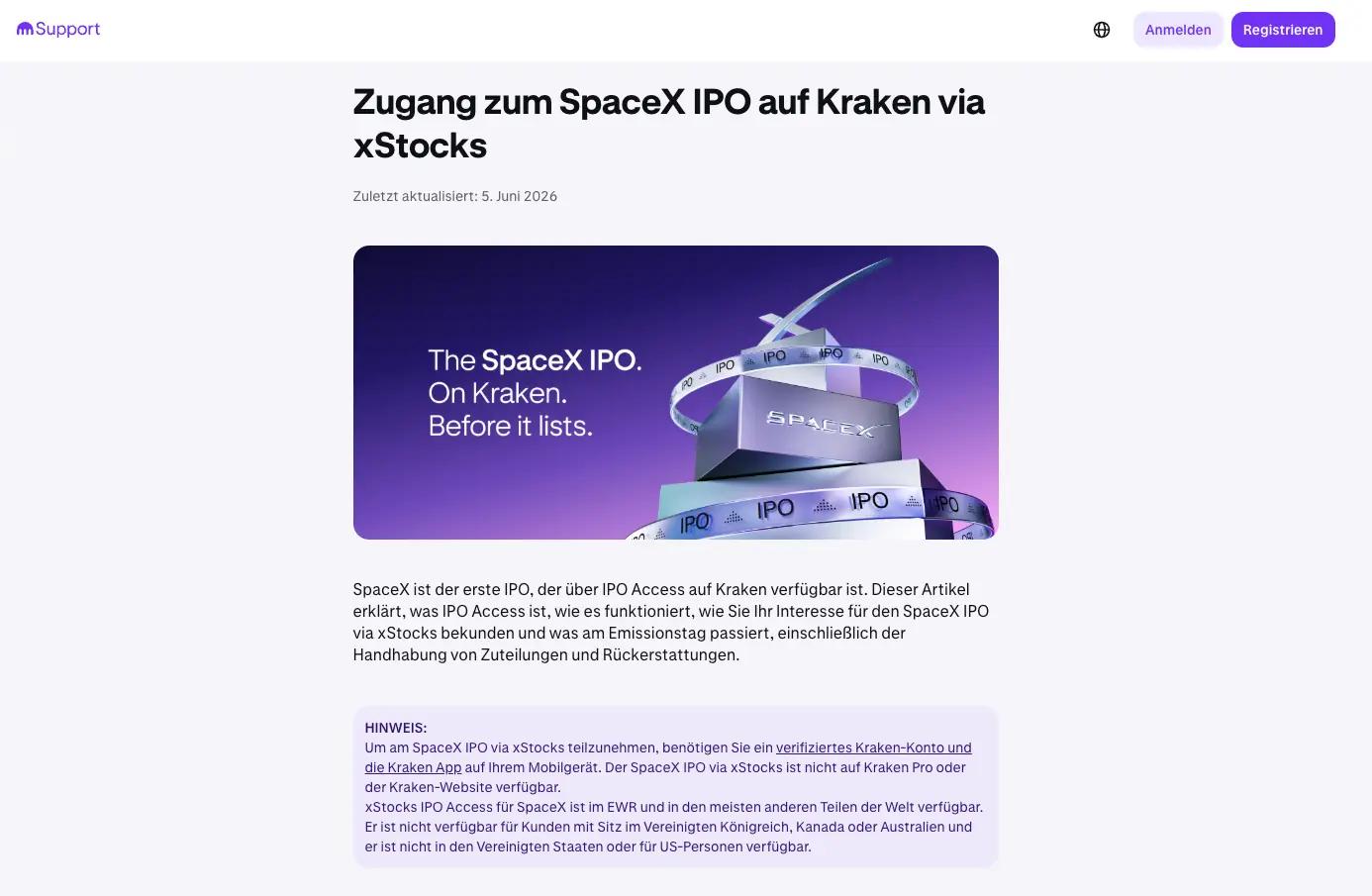 Die Teilnahme am SpaceX IPO ist bei Kraken über ihr neues Programm „IPO Access" möglich.