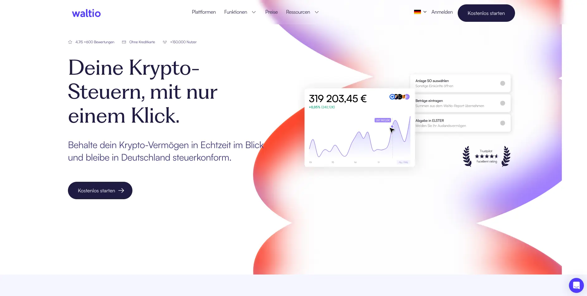 Die Startseite vom Krypto-Steuer-Tool Waltio