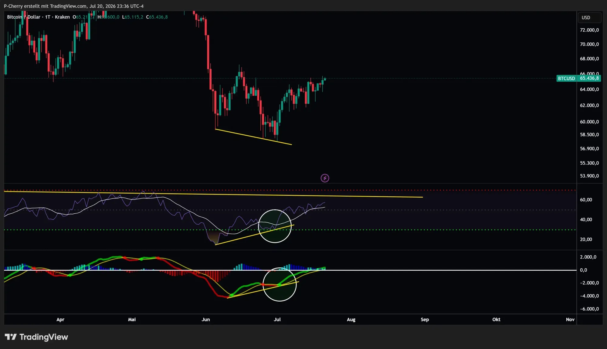 Bitcoin, RSI und MACD, Tageschart, Quelle: Tradingview
