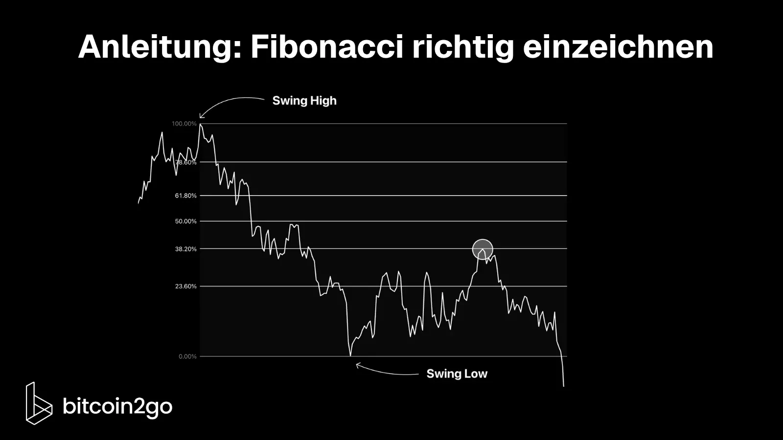 Schwarzer Kurschart mit einer fallenden Kursbewegung vom markierten Swing-High bei 100 Prozent bis zum Swing-Low bei 0 Prozent. Horizontale Linien kennzeichnen die Fibonacci-Retracement-Level bei 23,6, 38,2, 50, 61,8 und 78,6 Prozent.