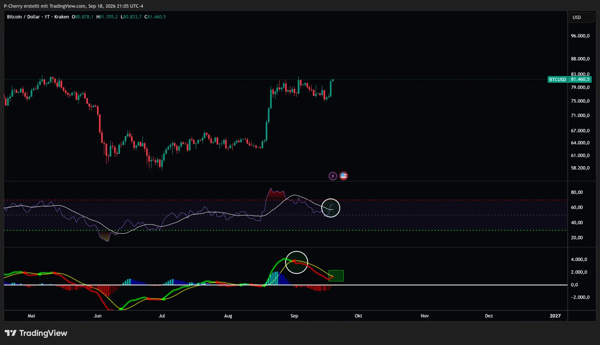 Bitcoin, RSI und MACD, Tageschart, Quelle: Tradingview