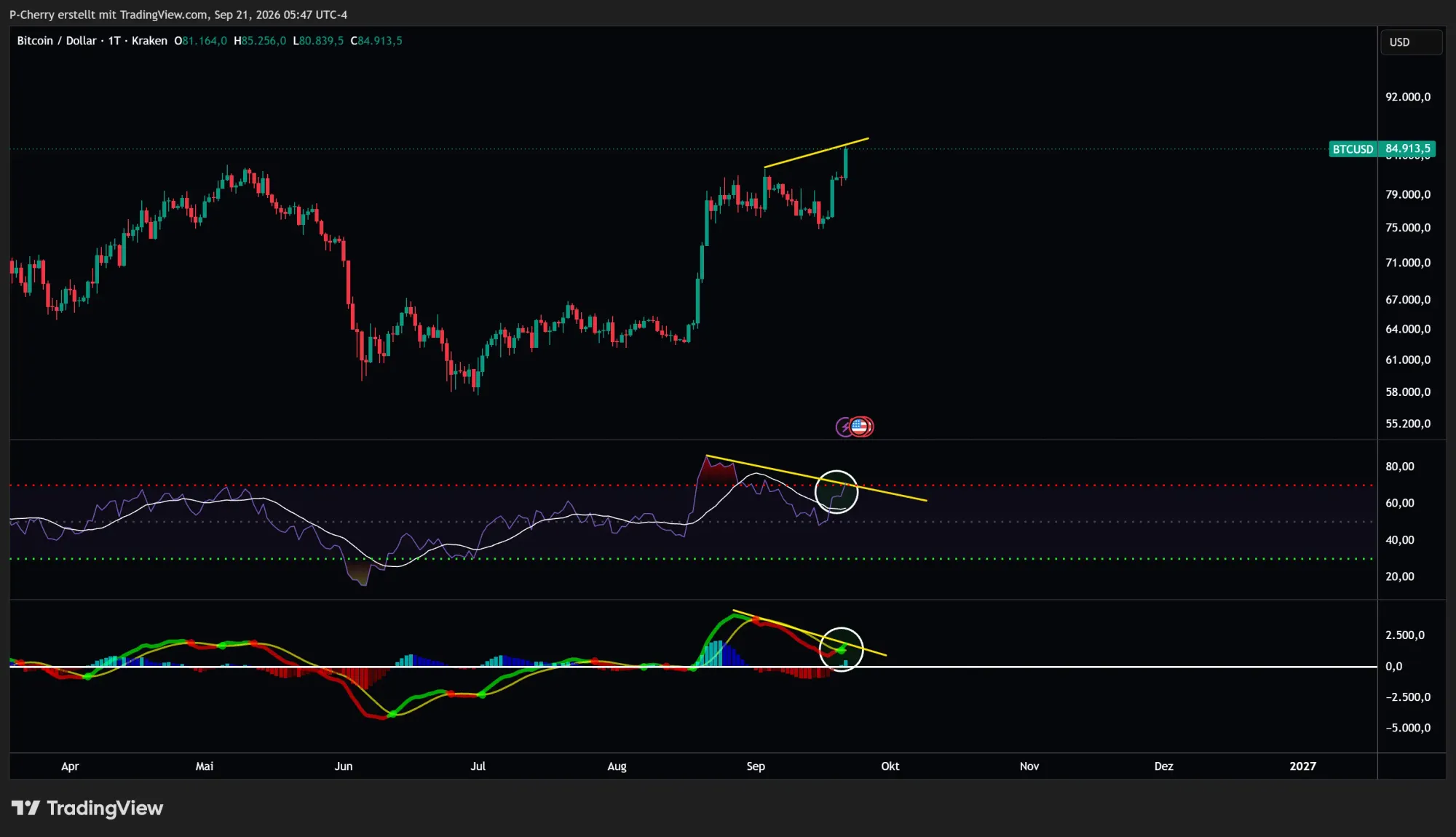 Bitcoin, RSI und MACD, Tageschart, Quelle: Tradingview