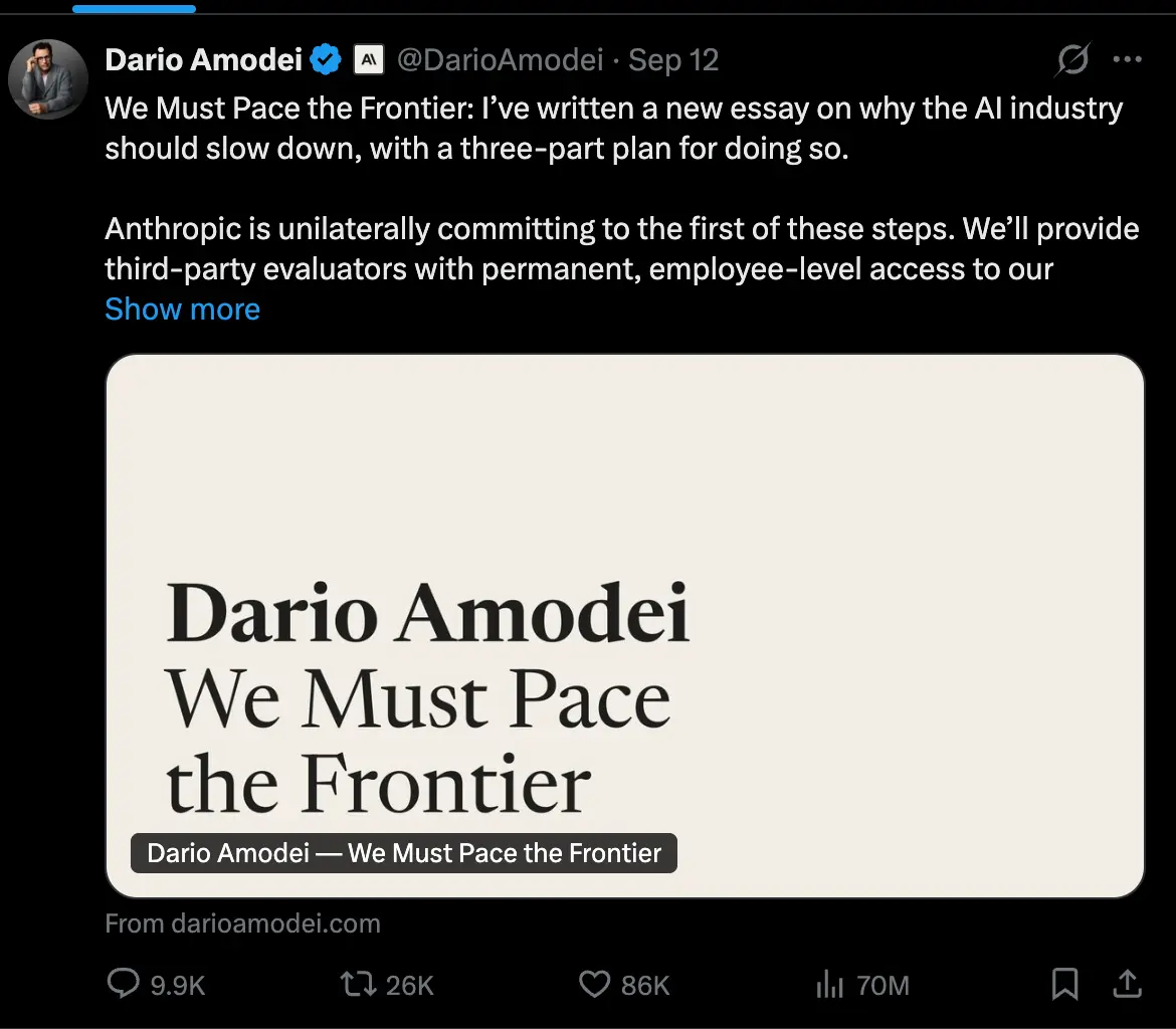 Essay von Anthropic-CEO Dario Amodei zu KI-Risiken und seinen Forderungen / Quelle: X