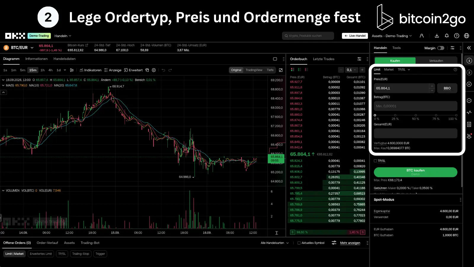 Screenshot der OKX-Ordermaske im Demokonto. Hervorgehoben sind die Auswahl zwischen Limit- und Market-Order sowie die Felder für den Preis in Euro, die Menge in Bitcoin und den gesamten Orderwert in Euro.