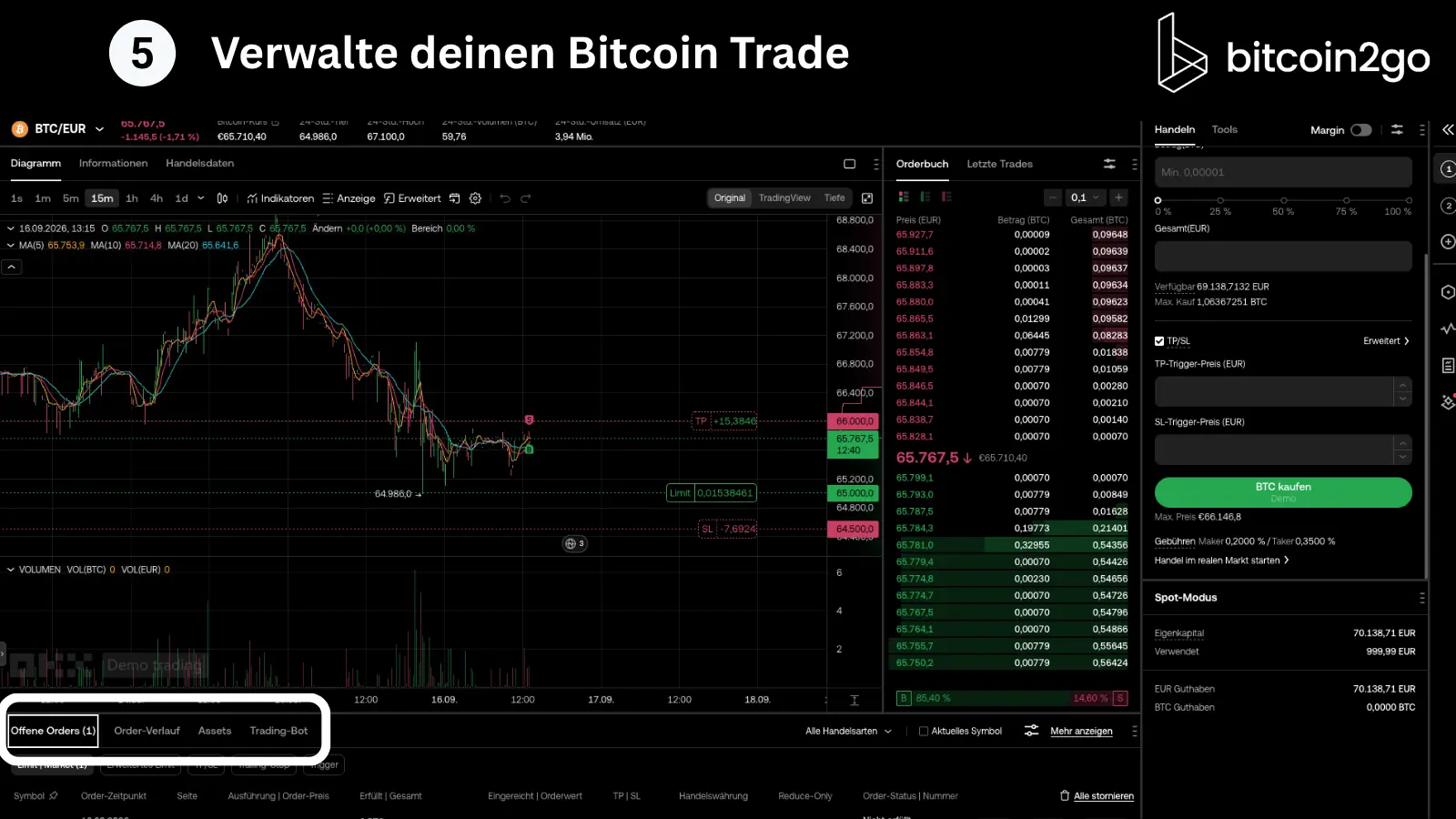 Screenshot des OKX-Demokontos mit einer offenen BTC/EUR-Limit-Order über 0,01538461 BTC. Im Chart sind der Einstieg bei 65.000 Euro, der Take-Profit bei 66.000 Euro und der Stop-Loss bei 64.500 Euro eingezeichnet; darunter ist der Bereich „Offene Orders“ hervorgehoben.