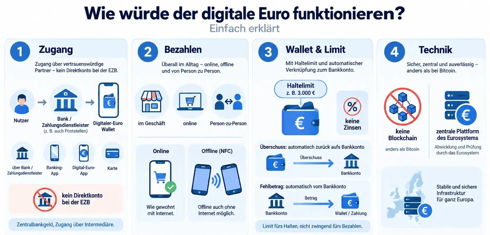 Der digitale Euro soll über Banken und Zahlungsdienstleister zugänglich sein, online wie offline funktionieren, ein Haltelimit besitzen und auf einer zentralen Infrastruktur des Eurosystems statt auf einer Blockchain basieren.