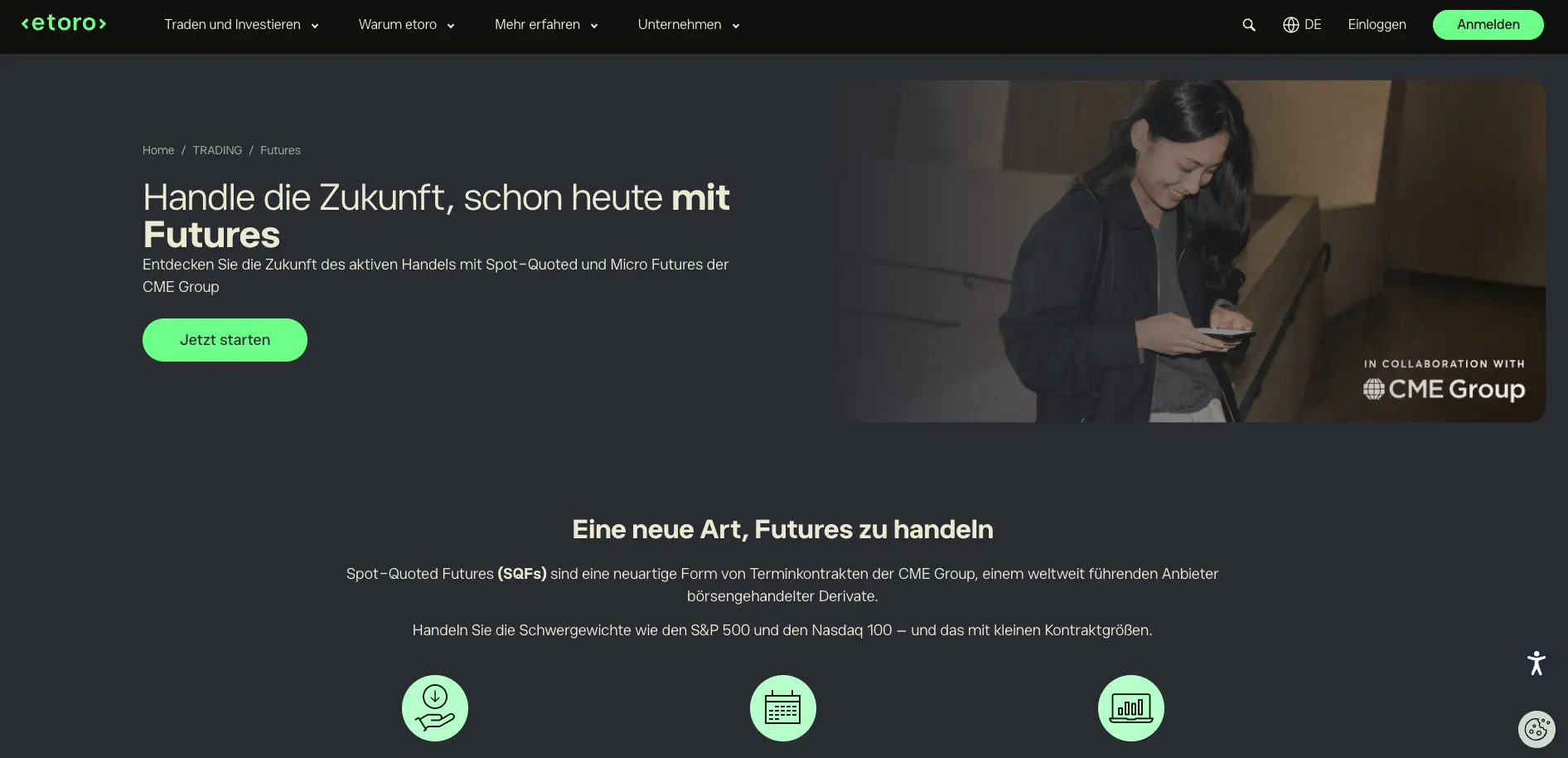 Screenshot der deutschsprachigen eToro-Webseite zum Futures-Handel. Die Seite nennt Spot-Quoted und Micro Futures der CME Group und zeigt eToro als Anbieter für börsengehandelte Terminkontrakte.