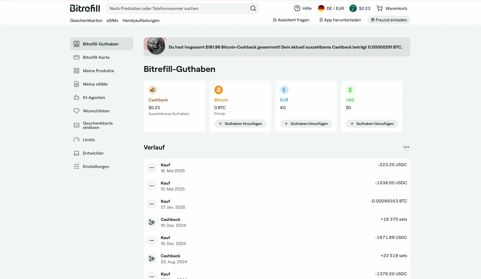 Bitrefill-Konto mit insgesamt 161,96 US-Dollar gesammeltem Bitcoin-Cashback und einem Verlauf einzelner Cashback-Gutschriften.