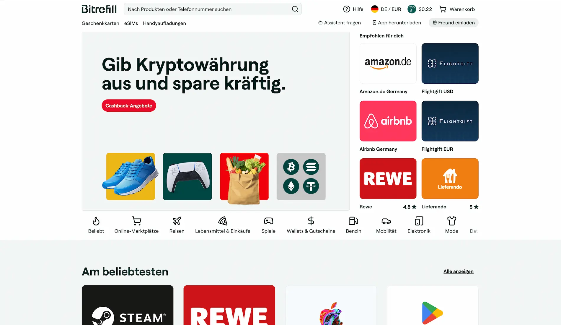 Bitrefill-Startseite mit Gutscheinen von Amazon, Flightgift, Airbnb, Rewe und Lieferando sowie einer Navigation nach Kategorien.