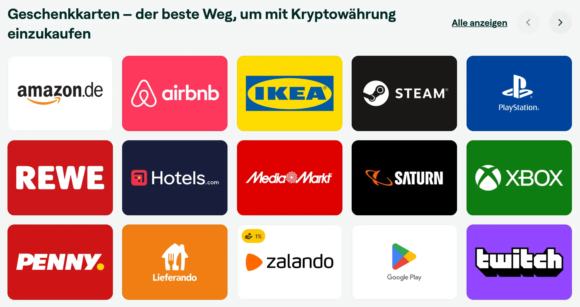 Bitrefill-Gutscheinübersicht mit Händlern wie Amazon.de, Airbnb, IKEA, Rewe und Lieferando sowie Gaming-Angeboten von Steam und PlayStation.