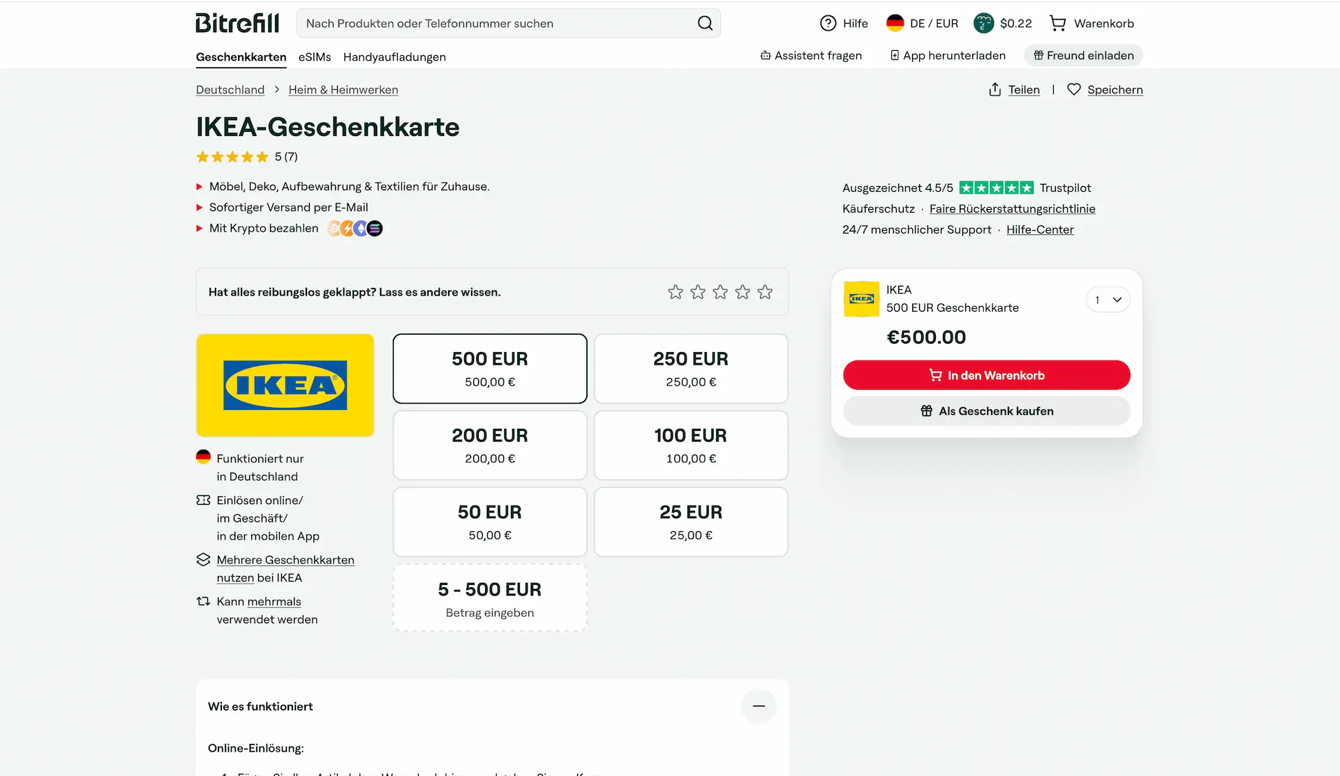 Bitrefill-Produktseite für IKEA-Geschenkkarten mit Betragsauswahl von 5 bis 500 Euro und Hinweisen zur Einlösung in Deutschland.